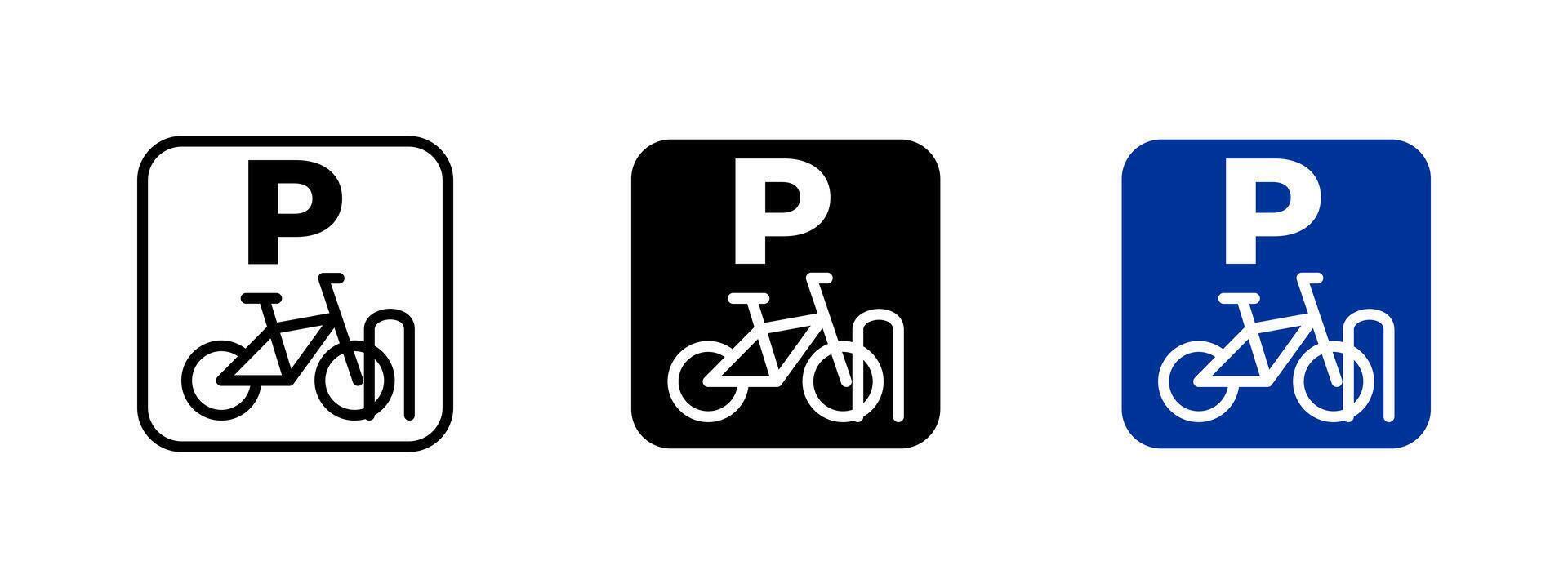 Bike parking sign icon. Bicycle parked at designated area with secure rack illustration. Urban transportation and parking zone symbol. Road sign for cyclists pictogram. vector