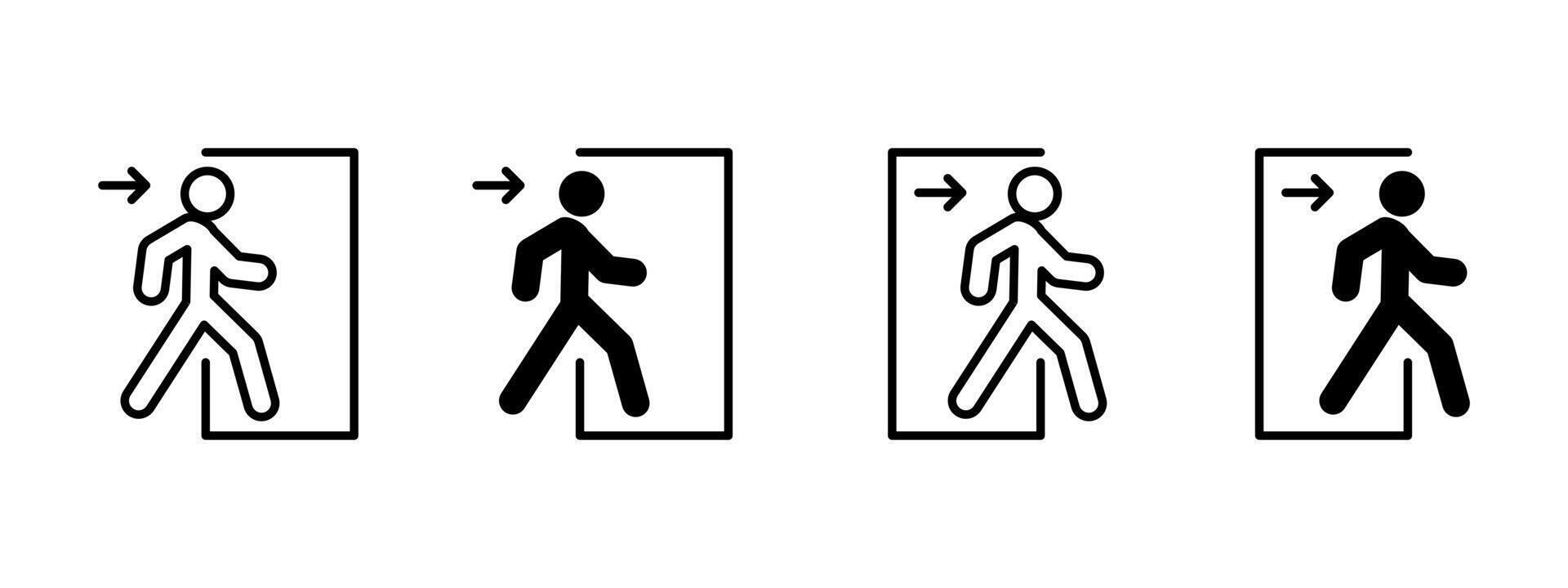 Exit icon. Person walking through doorway with arrow pointing right illustration. Emergency evacuation route symbol for safety signage. Directional access and escape path sign. vector