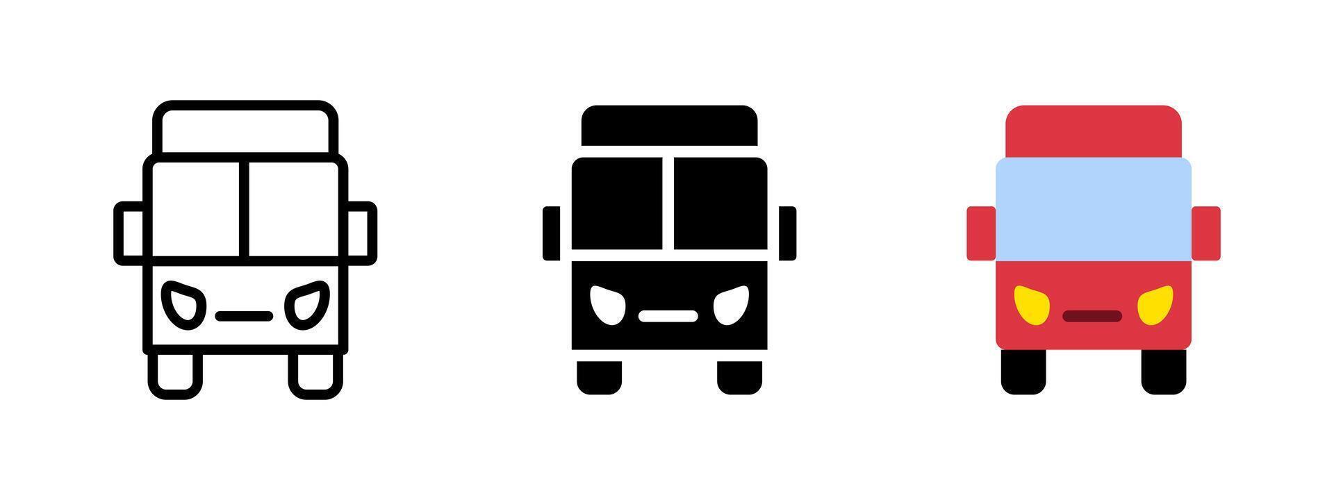 Bus icon. Front view of passenger coach with headlights and large windshield . Public transportation concept for travel, commuting and tourism symbol. Transit vehicle sign and traffic pictogram vector