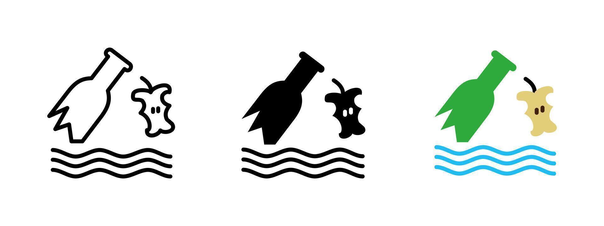 Pollution icon. Broken bottle and apple core floating in water illustration. Marine debris and ocean waste symbol. Environmental contamination and eco damage sign. vector