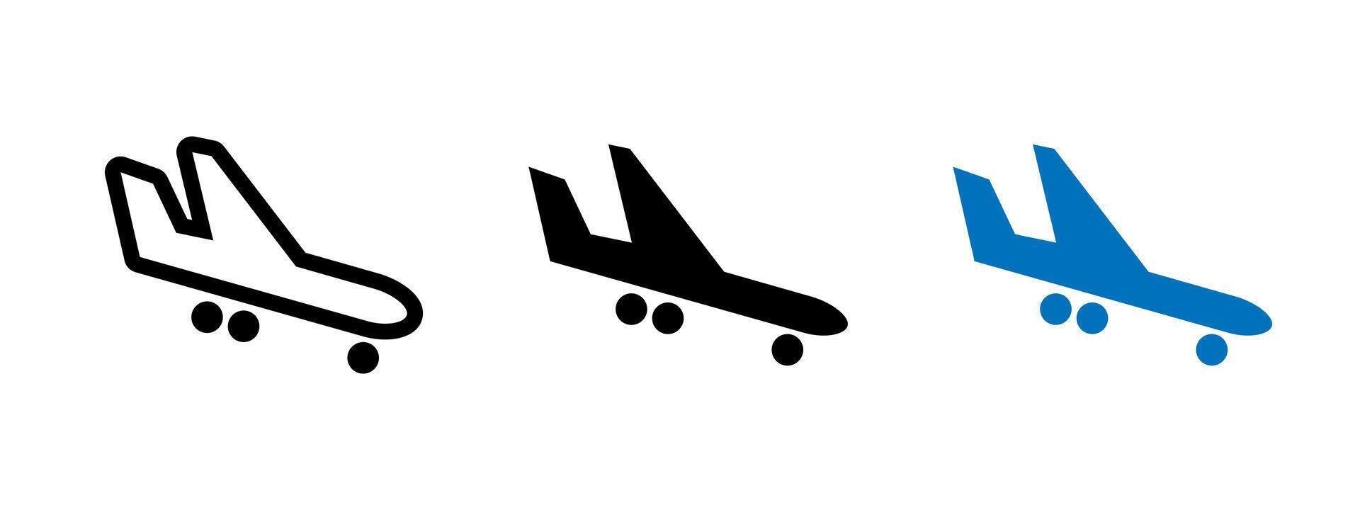 Airplane landing icon. Jet aircraft descending to runway with landing gear extended illustration. Flight arrival at airport symbol. Aviation and transportation pictogram. vector