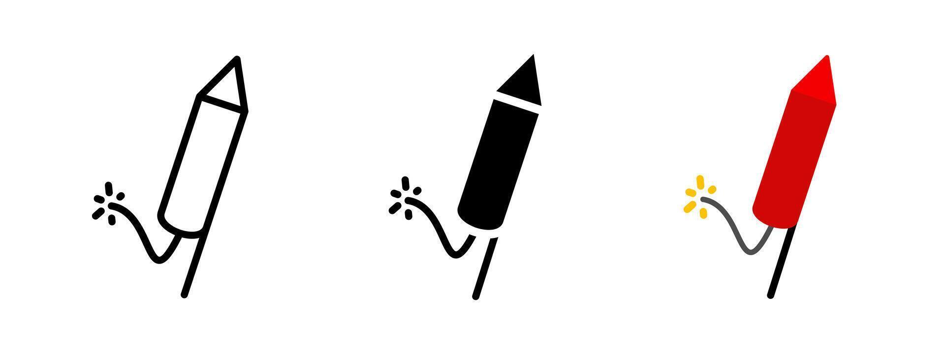 Firework icon. Colorful rocket with fuse and spark ignition illustration. Explosive festive decoration for celebrations symbol. Firecracker used for parties and holidays sign. vector