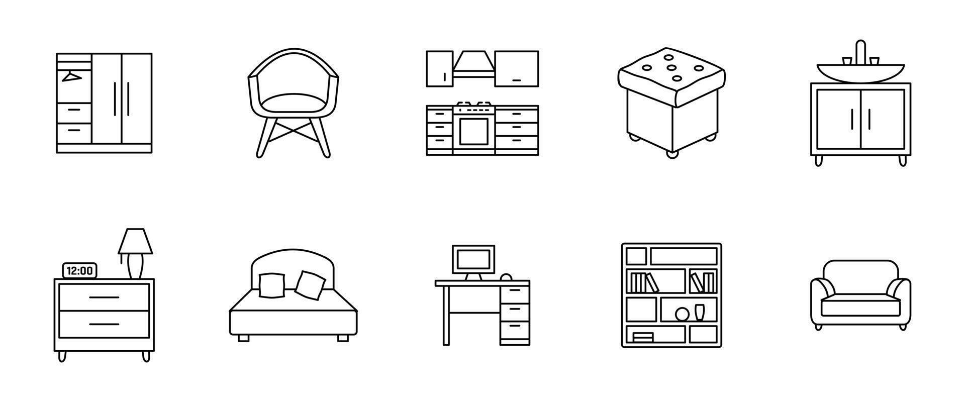 Furniture icon set. Outline collection of modern home furnishings including chair, table, sofa, bed and lamp illustration. Interior design and decor elements line symbols. vector