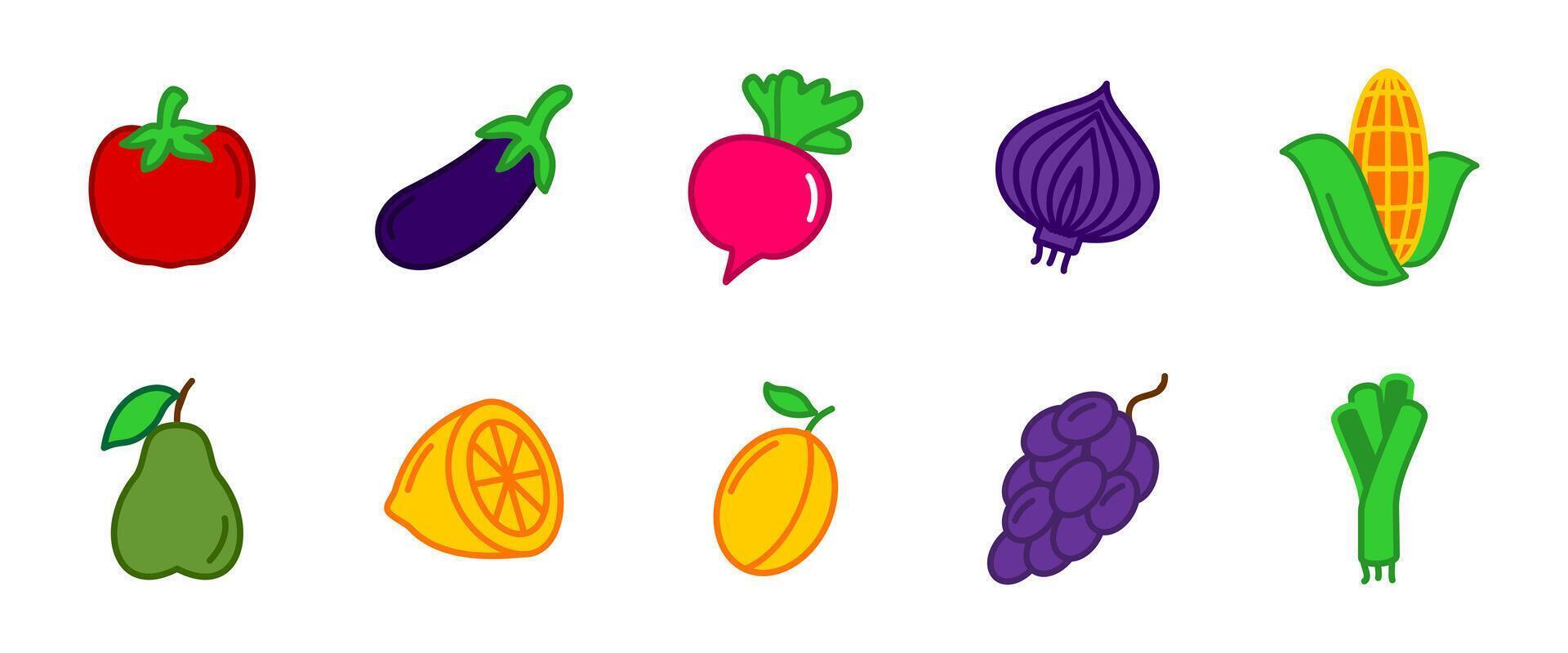 Vegetables icon set. Outline collection of fresh organic vegetables like tomato, onion, salad and corn illustration. Healthy food and nutrition symbol. Farm harvest and vegan diet colored sign. vector