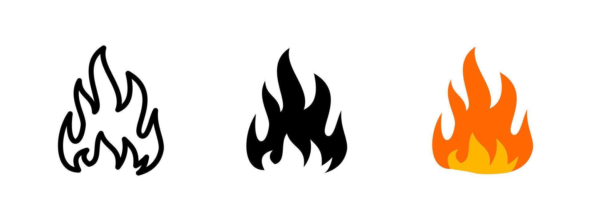 Fire icon. Large bonfire with upward orange flames illustration. Campfire heat source and outdoor burning symbol. Used for camping, survival and warmth sign. Bonfire pictogram. vector