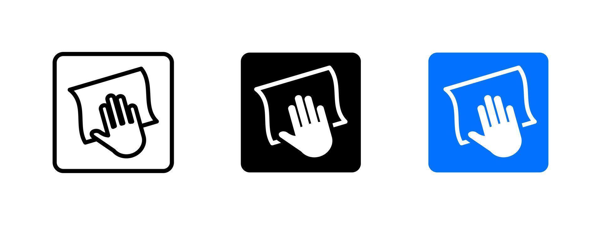 Wipe hand cleaning icon. Hand using cloth to clean and disinfect surface illustration. Hygiene and sanitation symbol. Maintenance and cleanliness process sign. Safety procedure pictogram. vector