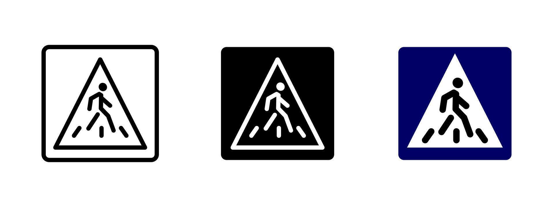 Pedestrian sign icon. Triangle warning sign with walking figure on zebra crossing illustration. Indicates pedestrian zone or crosswalk area symbol. Used for urban safety and traffic regulation. vector