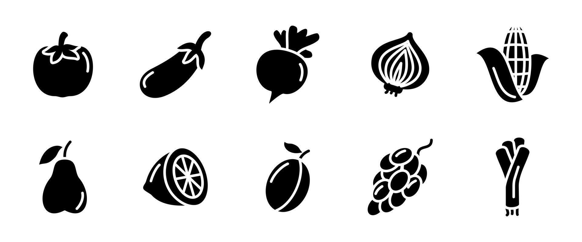 Vegetables icon set. Outline collection of fresh organic vegetables like tomato, onion, salad and corn illustration. Healthy food and nutrition symbol. Farm harvest and vegan diet black sign. vector