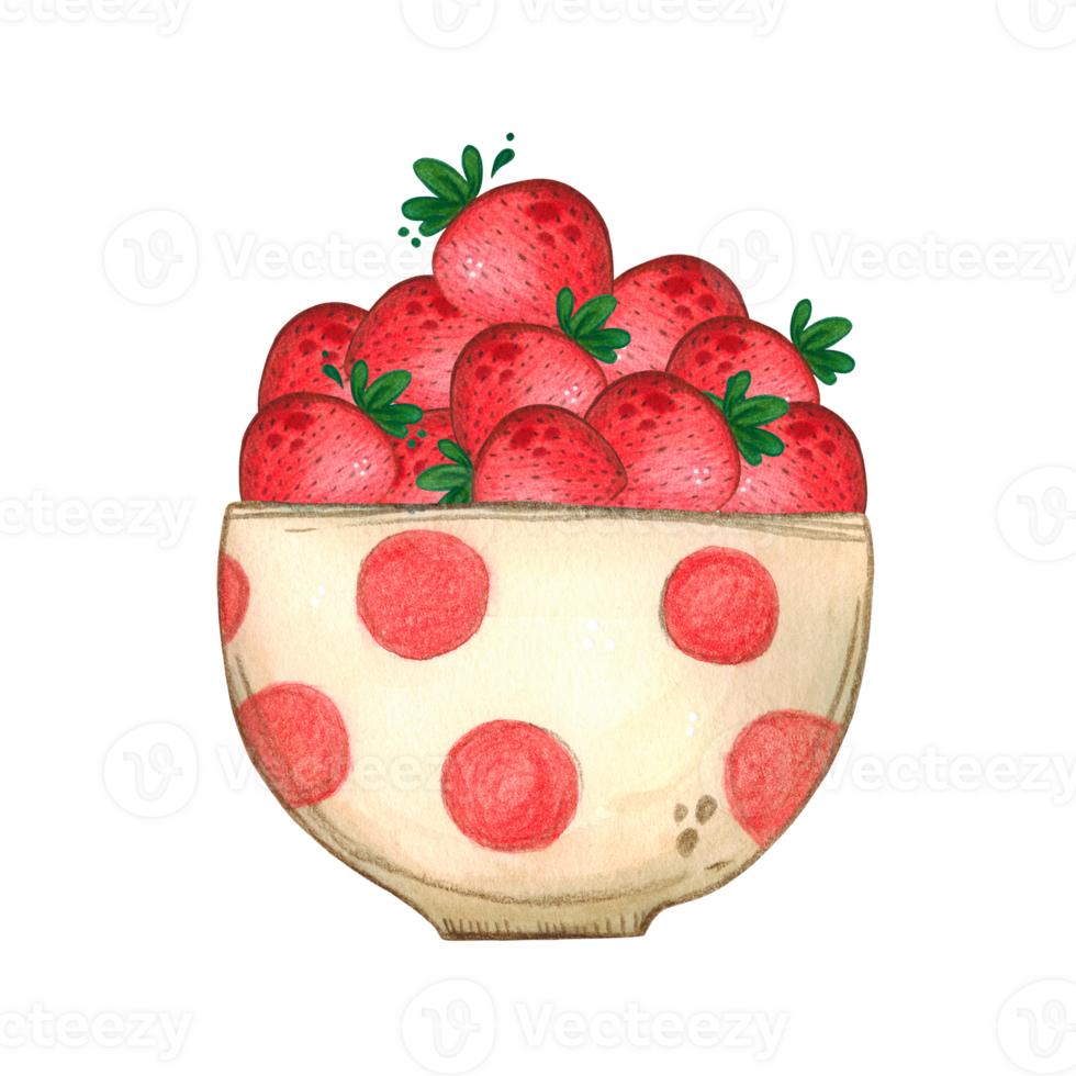 White cup with red polka dots filled with ripe strawberries. Watercolor illustration, hand drawn, cartoon. Sticker design, print, children's book. food, summer, tableware, berry, red, bright, juicy png
