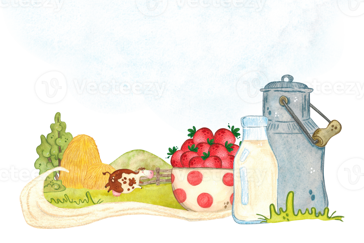 Blank for a label of a dairy product with strawberry flavor. A cute cow jumping on the fields, next to it a can, a bottle of milk and a cup with strawberries. Watercolor illustration, hand-drawn png