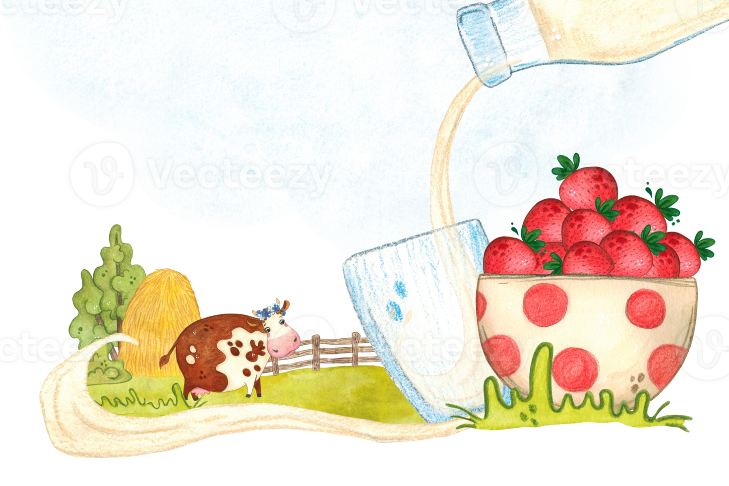 Blank for a label of a dairy product with strawberry flavor. A cute cow stands against the background of green fields, milk is poured into a glass and a cup with strawberries. Watercolor illustration png