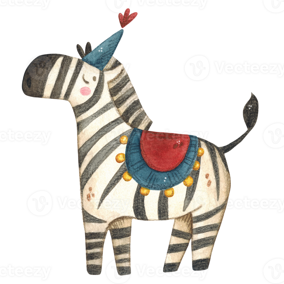 Zebra in a circus cap and blanket, watercolor illustration png