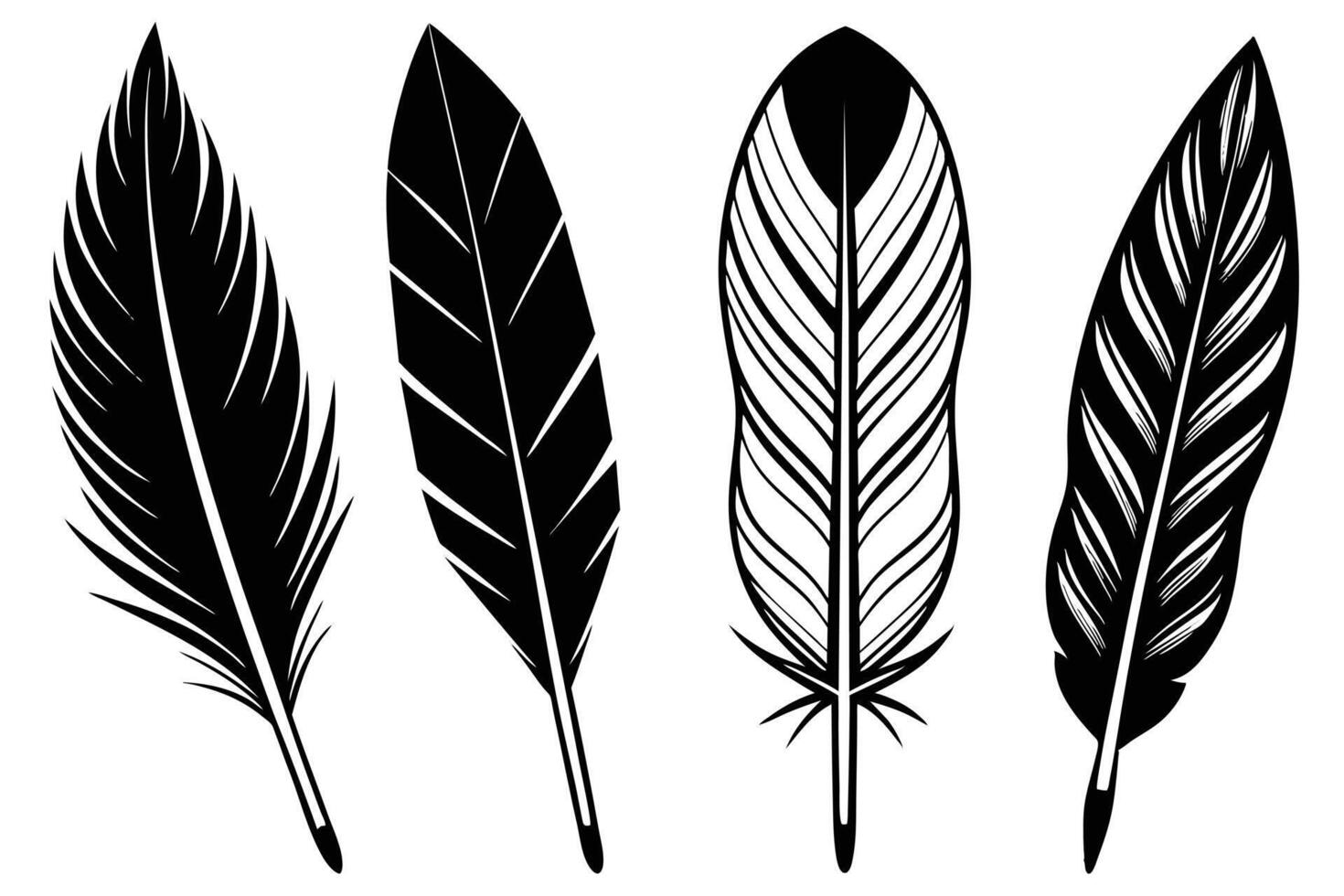 Elegant Black and White Feather Set Four Stylish Bird Feathers Isolated on White Background, Perfect for Design Projects vector