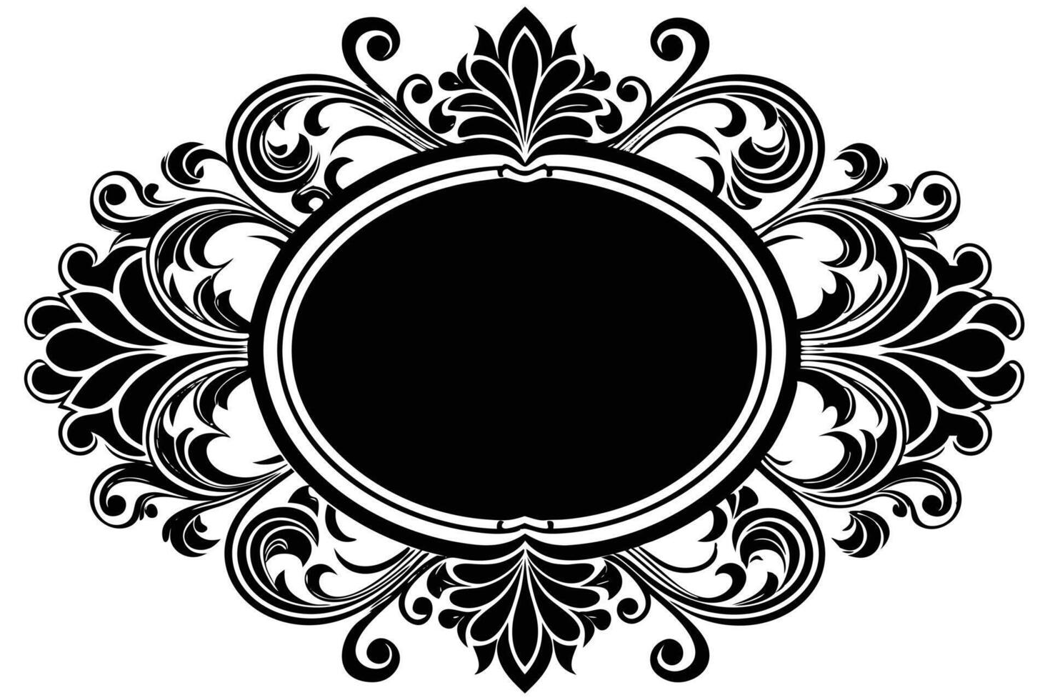Elegant Black and White Oval Frame with Intricate Floral Design, Perfect for Vintage or Classic Projects, Adding a Touch of Sophistication and Grandeur vector
