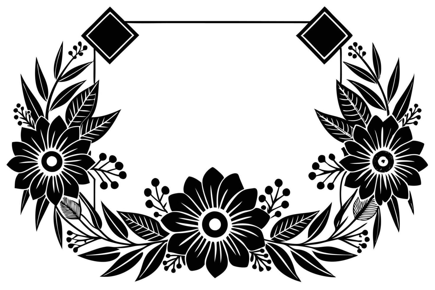 Elegant Black and White Floral Frame Design with Bold Flowers and Leaves, Perfect for Wedding Invitations, Announcements, or Greeting Cards vector