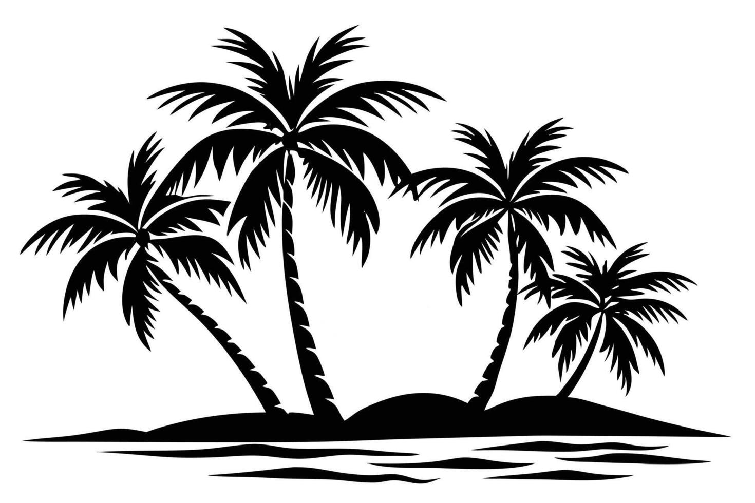 Serene Black and White Silhouette of Palm Trees on a Tropical Island Beach, Evoking a Peaceful Vacation Mood vector