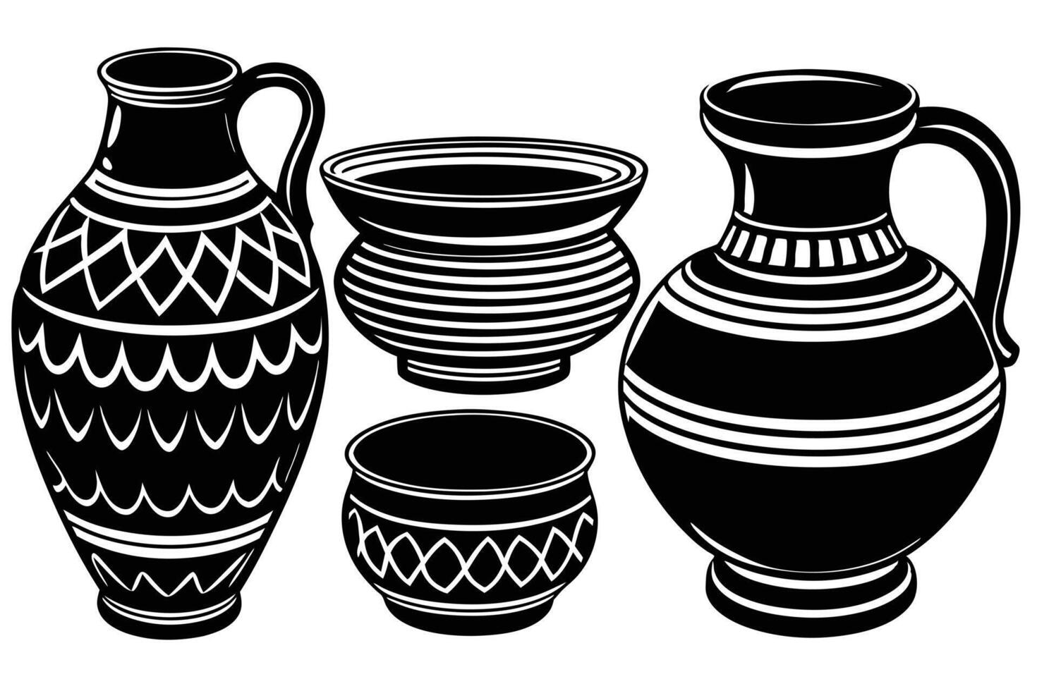 Elegant Black and White Pottery Collection Decorative Jars and Bowls in Classic Style, Isolated on White Background vector