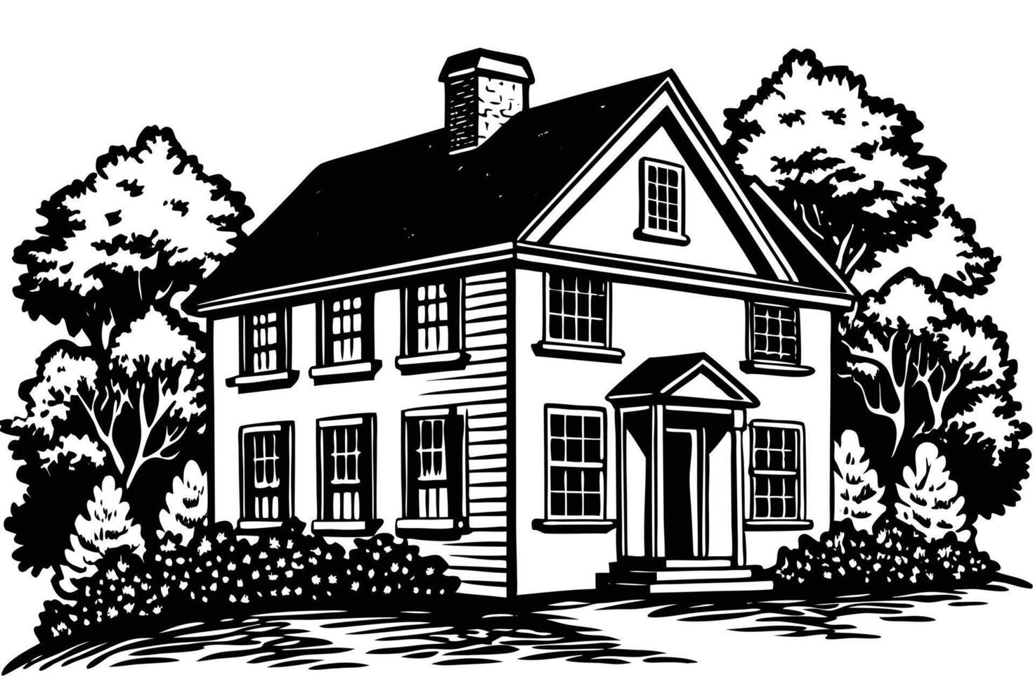 Serene Black and White Illustration of a Classic Colonial House nestled amongst Lush Greenery on a Sunny Day vector