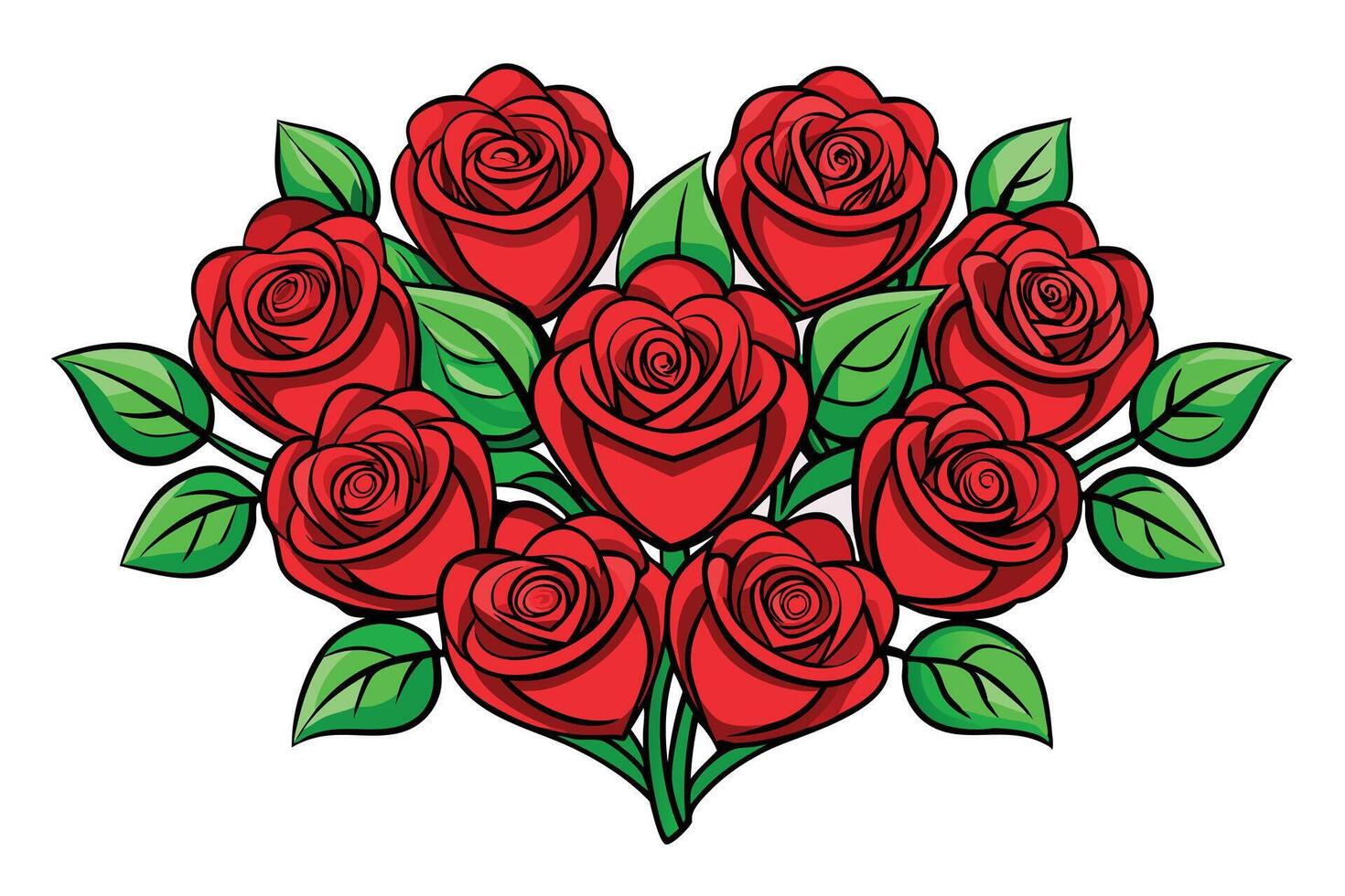 Romantic Heart-Shaped Bouquet of Nine Red Roses, Vivid Illustration, Passionate Love, Valentines Day - Professional digital artwork with vibrant colors and detailed composition vector