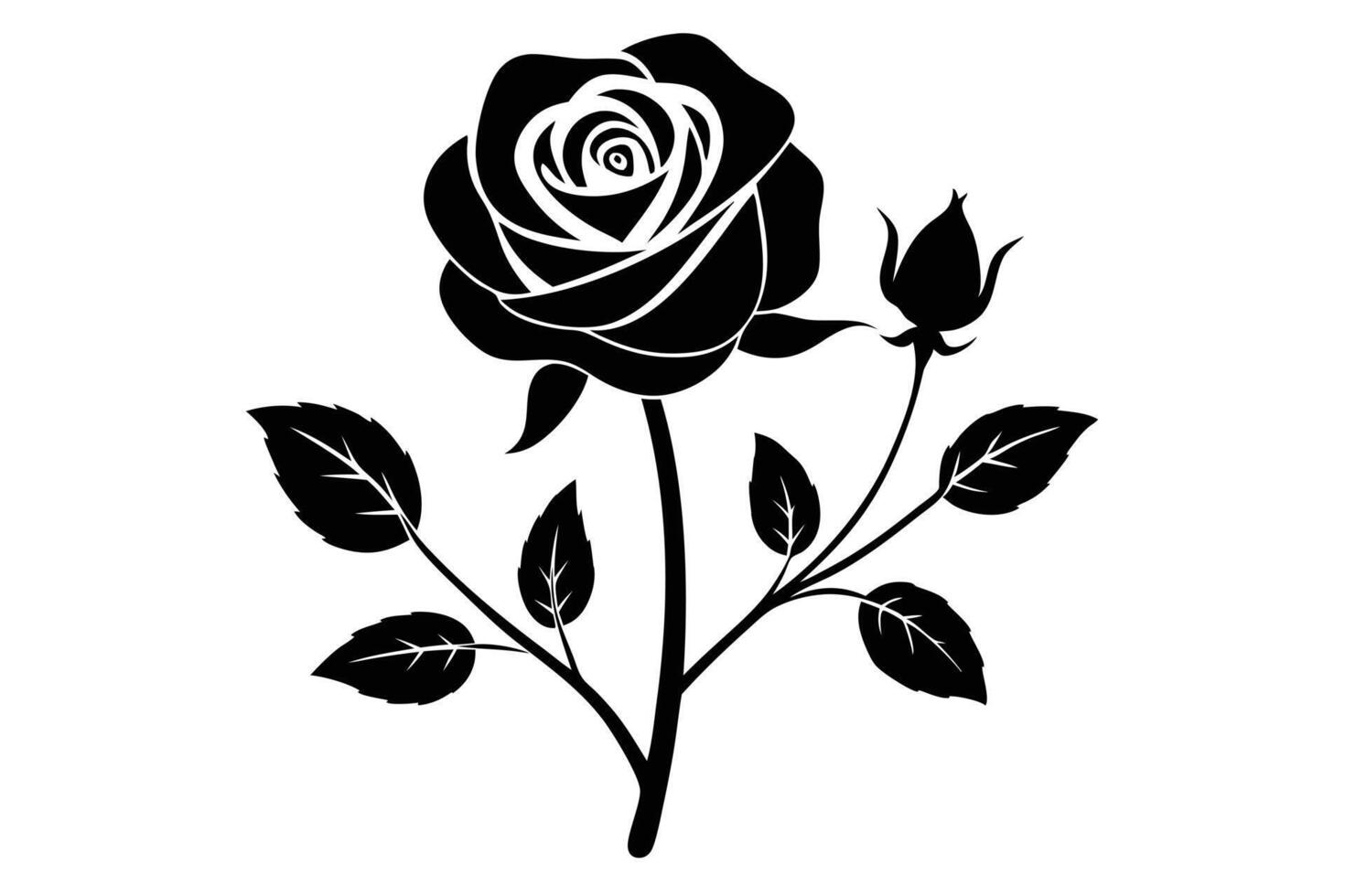 Elegant Black and White Rose Blossom A Dramatic Silhouette of a Single Rose in Full Bloom Against a Clean White Background vector
