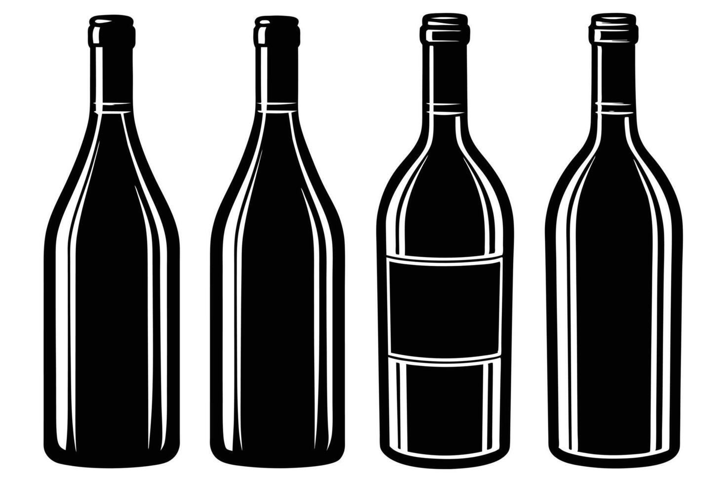 Four Elegant Black Wine Bottles Set Against a White Background, Classic Design, Perfect for Wine Labels and Packaging vector