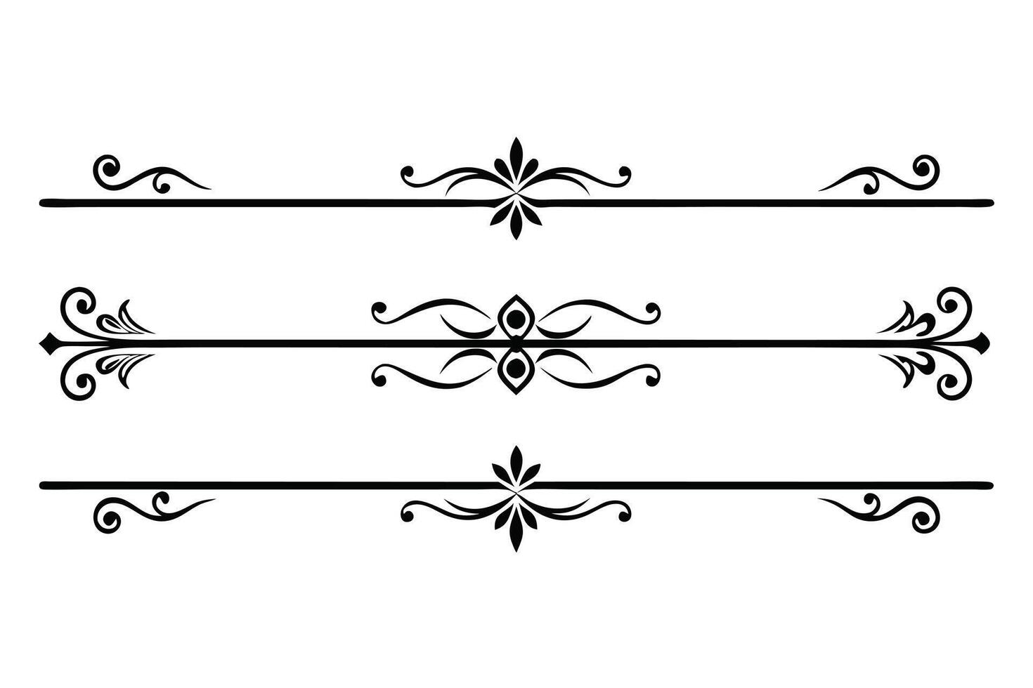 Elegant Black Flourishes Three Decorative Ornate Dividers for Vintage Design Projects, Adding a Touch of Classic Charm vector