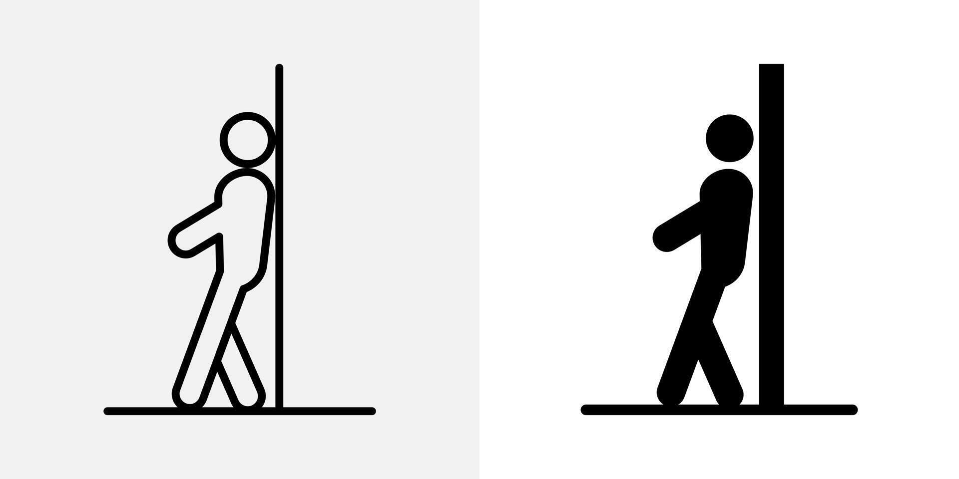Man leaning icon. Person standing upright with back against wall illustration. Posture near vertical surface symbol. Simple human figure in relaxed position sign. Minimal silhouette pictogram. vector