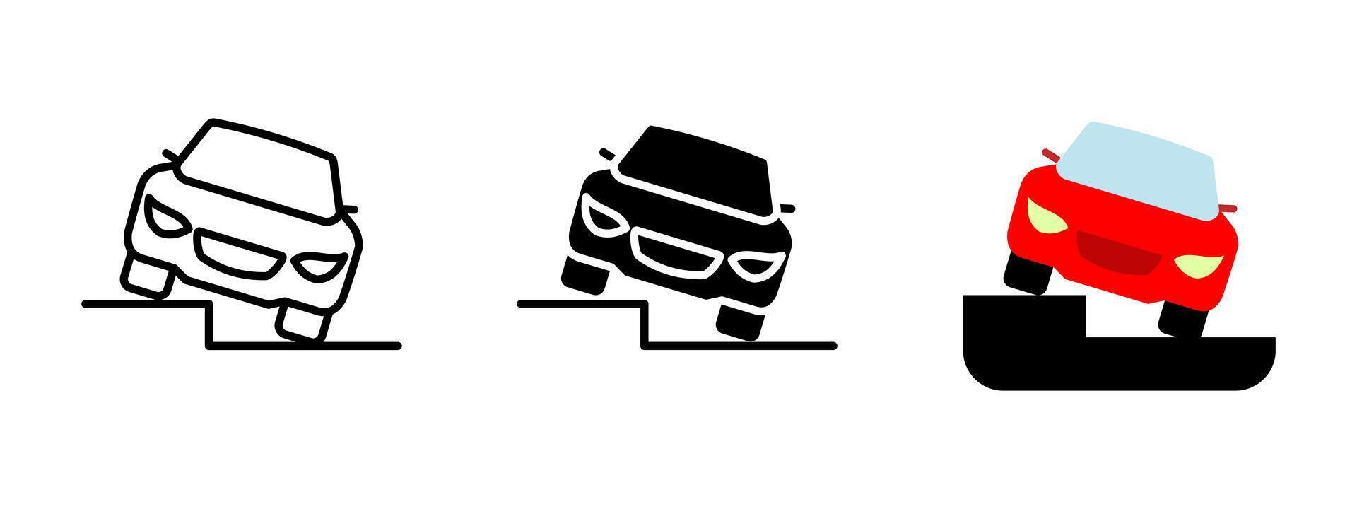 Car parking icon. Vehicle mounting a sidewalk curb in tilted position illustration. Indicates improper parking or traffic hazard symbol. Urban driving caution and road safety pictogram. vector
