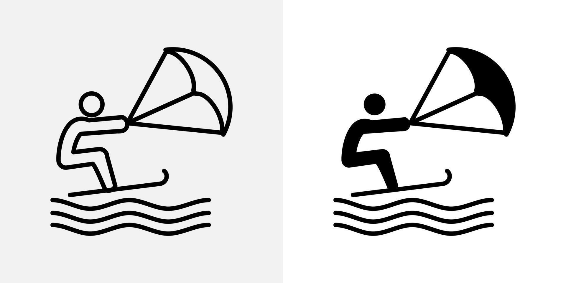 Kitesurfing icon. Person riding board while holding kite over waves illustration. Extreme water sport activity with wind propulsion symbol. Adventure and summer recreation pictogram. vector