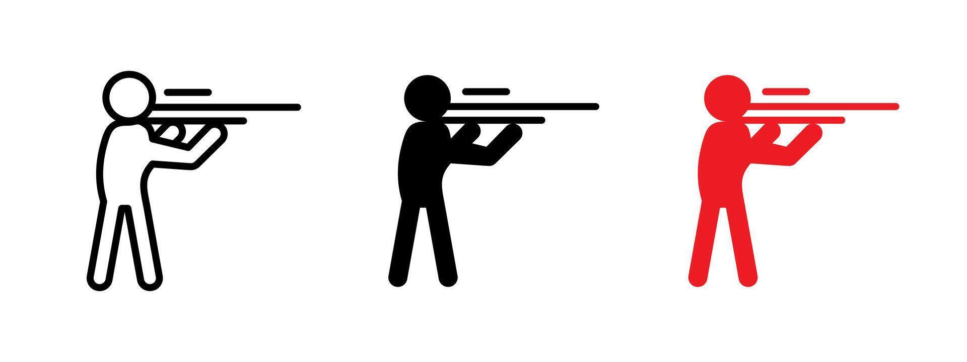 Shooting icon. Person aiming with rifle and firing bullets illustration. Firearm training or combat activity symbol. Military, sport or hunting action sign. Gunman targeting pictogram. vector