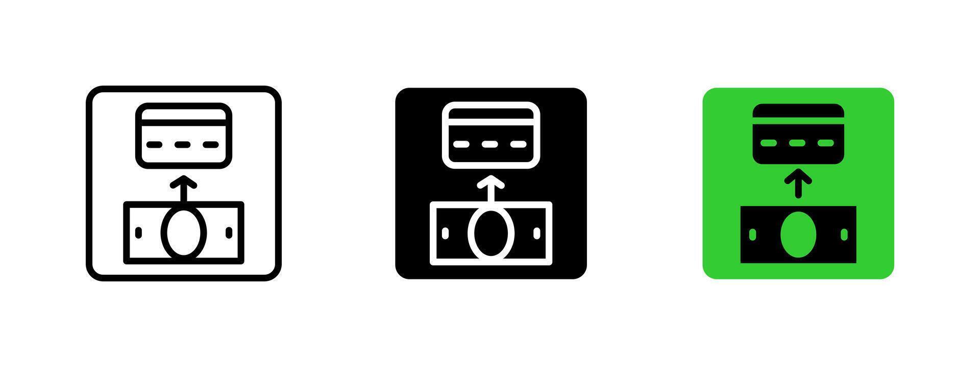 Cash deposit icon. Banknote being inserted into ATM slot for credit card top-up illustration. Financial transaction and banking service symbol. Secure deposit operation sign. vector