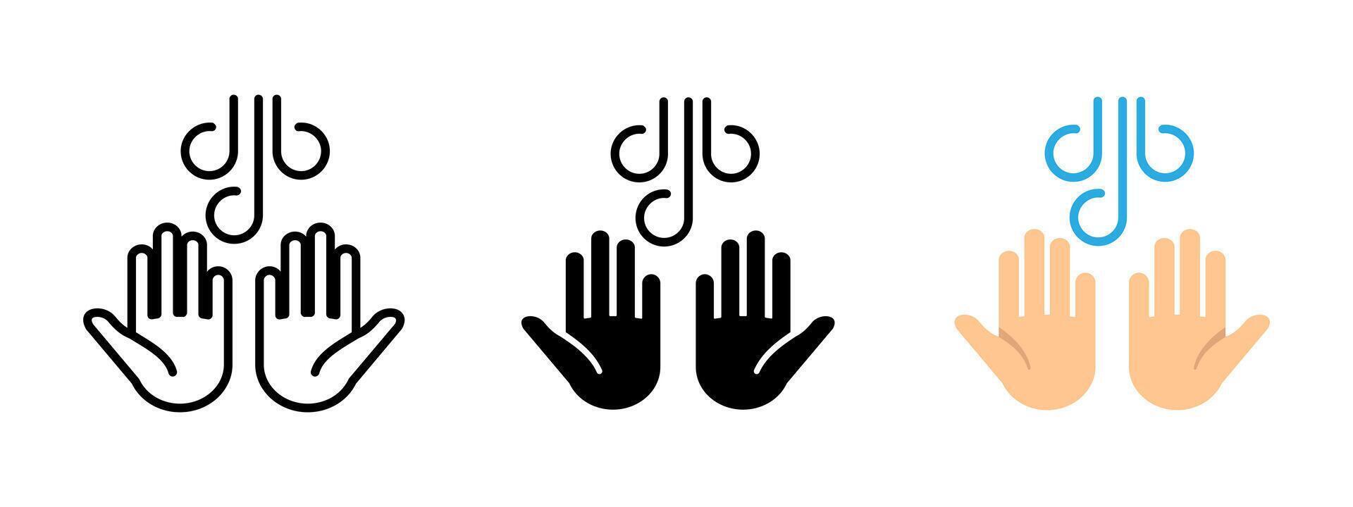 Disinfection icon. Two raised hands with water splash lines illustration. Hygiene and hand cleaning symbol. Protection from bacteria, viruses and germs sign. vector