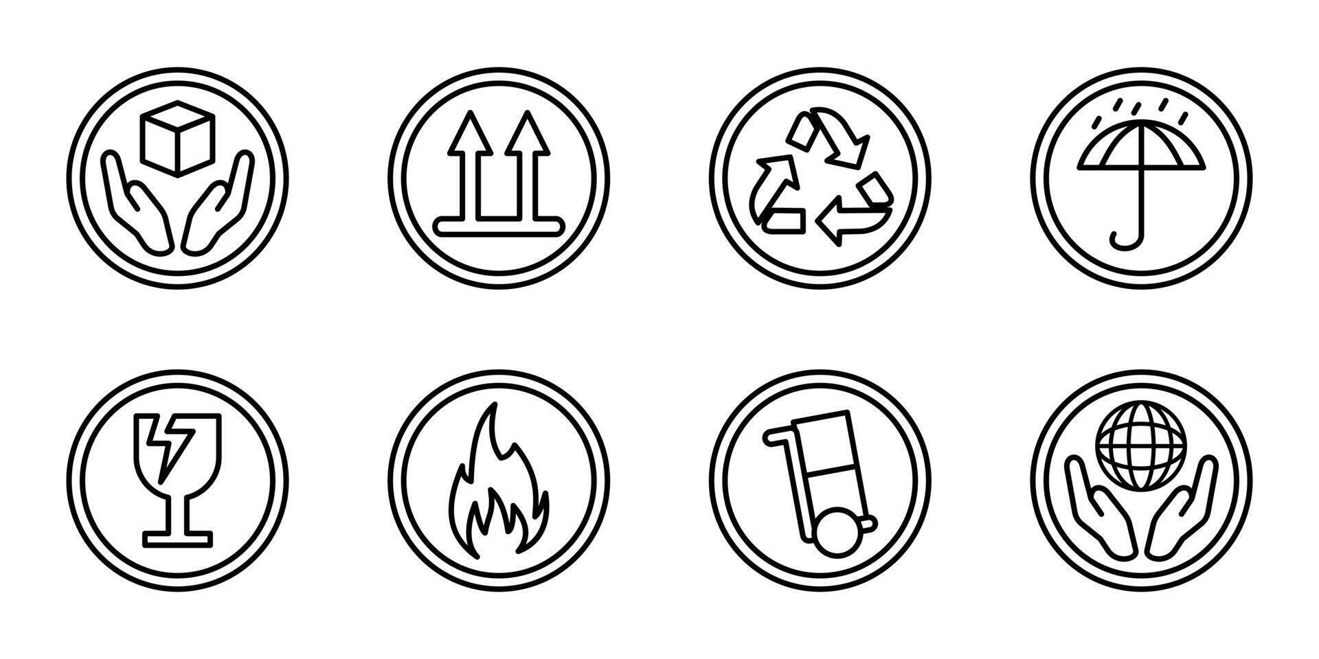 Package labels icon set. Fragile, handle with care and this side up outline symbols. Shipping and delivery illustration. Logistics and storage concept sign. Parcel handling line pictogram. vector