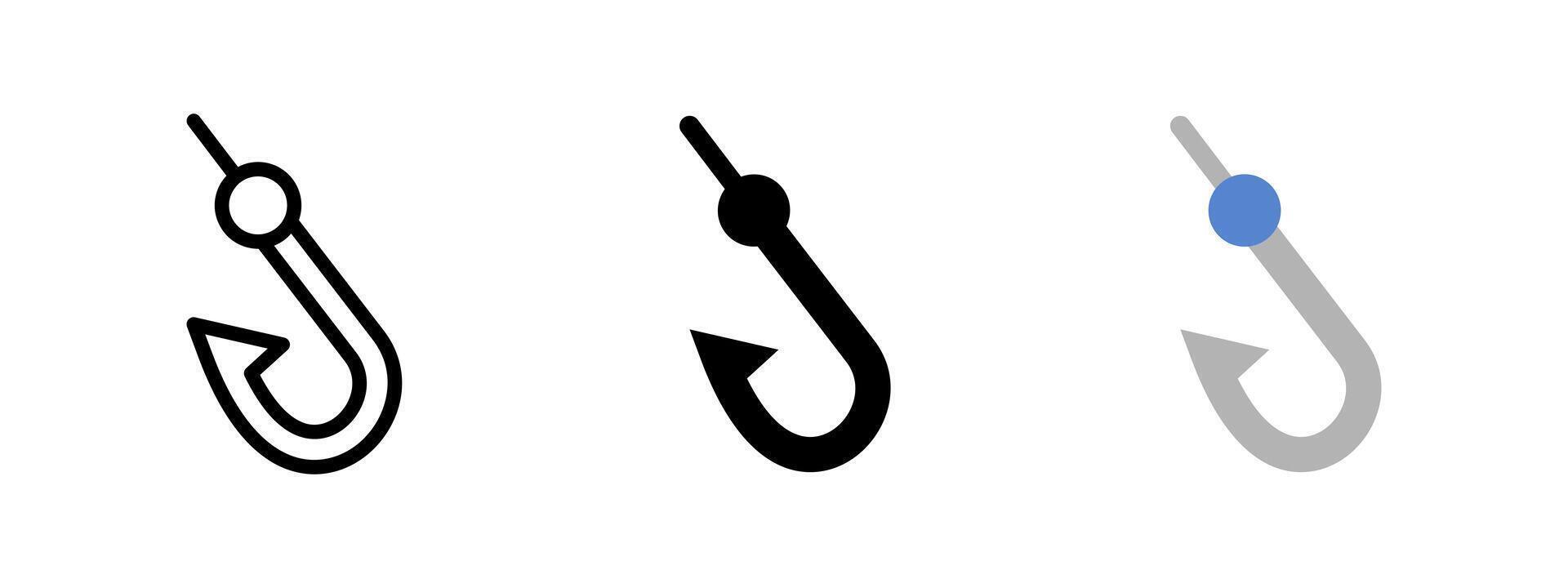 Hook icon. Sharp curved fishing hook with eyelet for line attachment illustration. Essential angling gear and baiting tool symbol. Marine catch equipment sign. Outdoor sport pictogram. vector