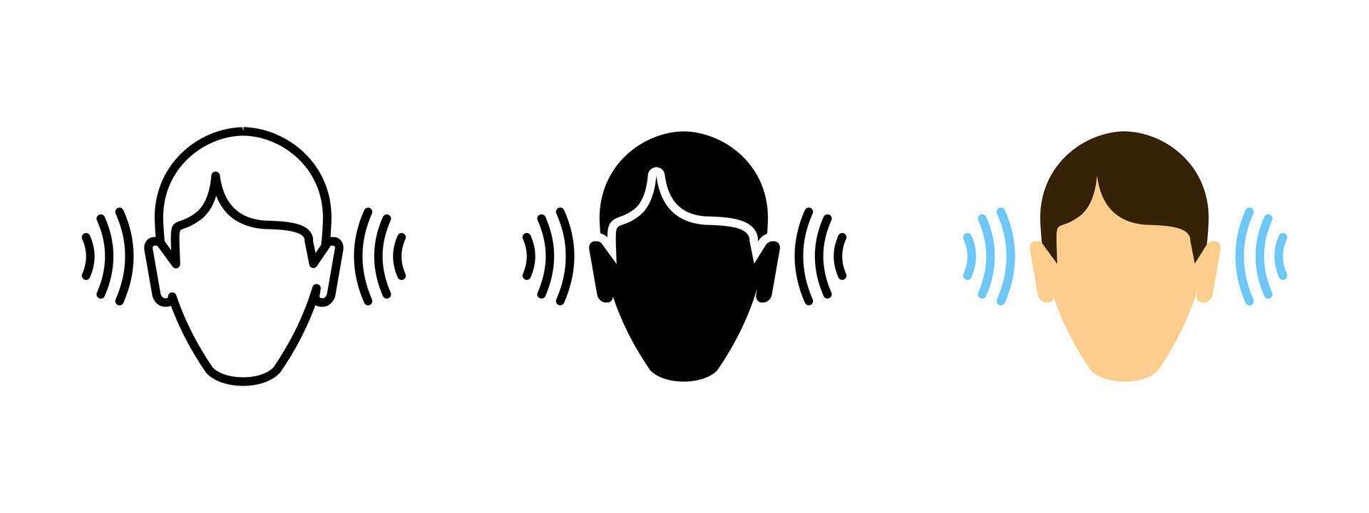 Hearing icon. Human head with hair and sound wave signals on both sides illustration. Listening perception and awareness symbol. Audio focus and attention sign. Acoustic detection pictogram. vector