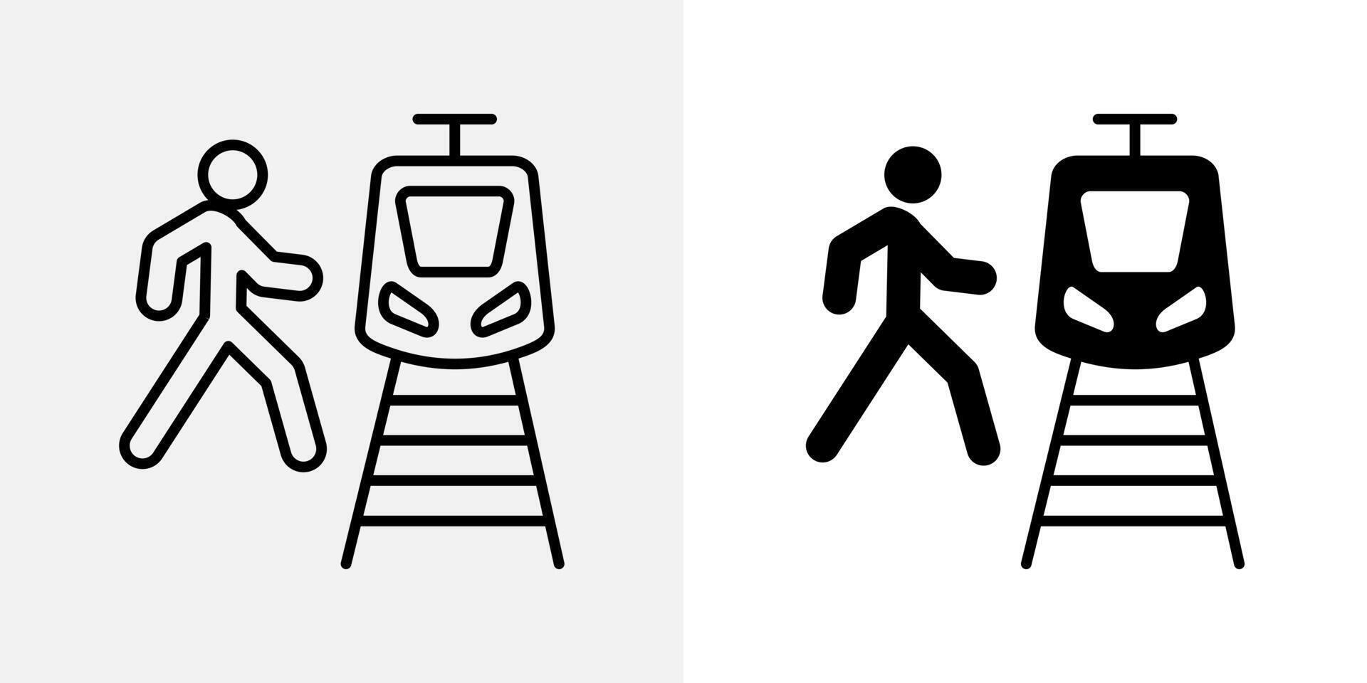 Train danger icon. Person walking near incoming train on railway tracks illustration. Warning symbol for pedestrian safety near stations. Risk of accident sign. Hazard alert pictogram. vector