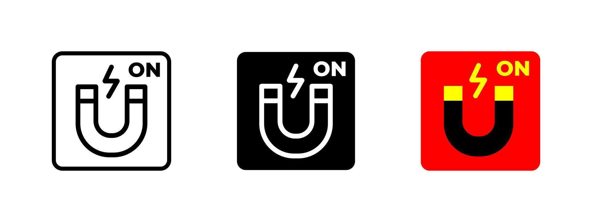 Magnet icon. U-shaped electromagnet with power on indicator symbol. Generates magnetic field and lifts metal objects sign. Industrial equipment illustration. Electromagnetic force pictogram. vector