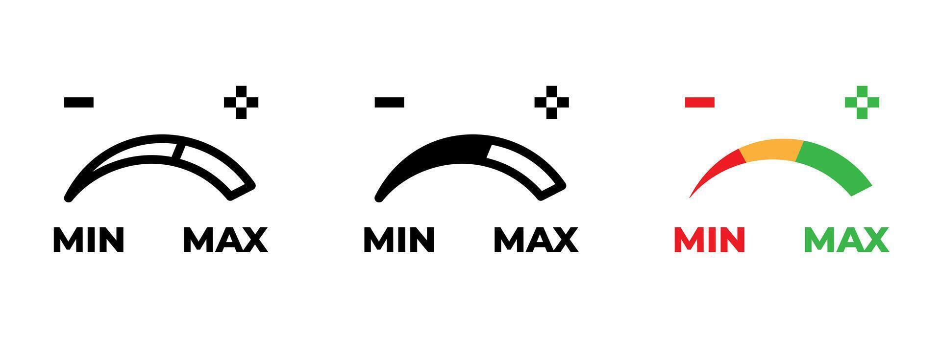 Indicator gauge icon. Semicircular scale with needle pointing between min and max illustration. Used in dashboards, performance or energy level display symbol. Measurement tool pictogram. vector