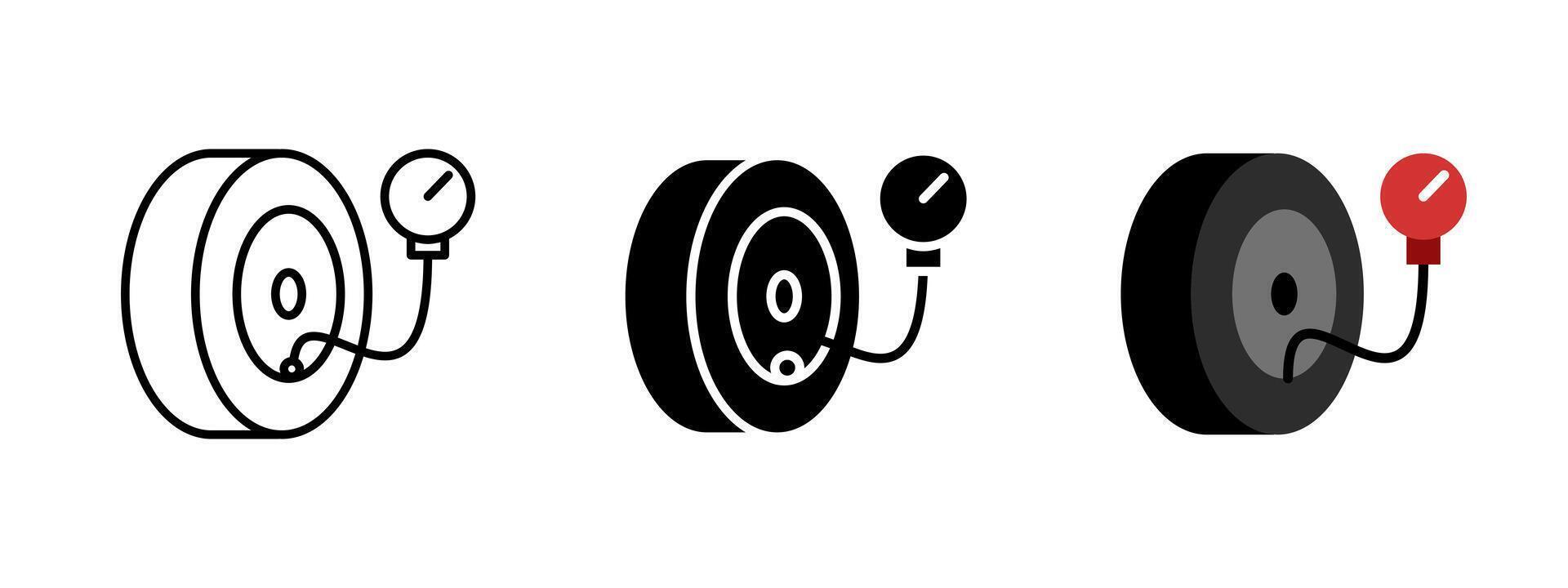 Tire pressure icon. Inflated car wheel with air pressure gauge illustration. Automotive maintenance symbol for checking tire inflation. Safety or service tool sign. Vehicle inspection pictogram vector