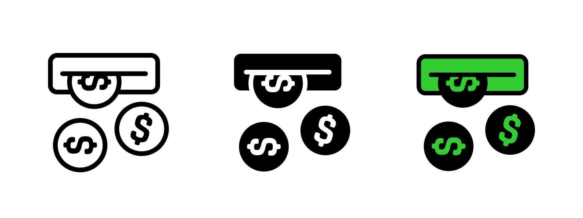 Payment icon. Three dollar coins being dispensed from an ATM or cash terminal . Represents money transaction, banking or withdrawal process symbol. Currency and finance concept sign. vector