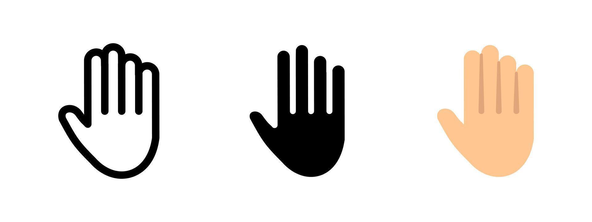Hand icon. Raised palm with spread fingers illustration. Stop gesture or warning signal symbol. Universal sign for attention, caution and interaction pictogram. vector