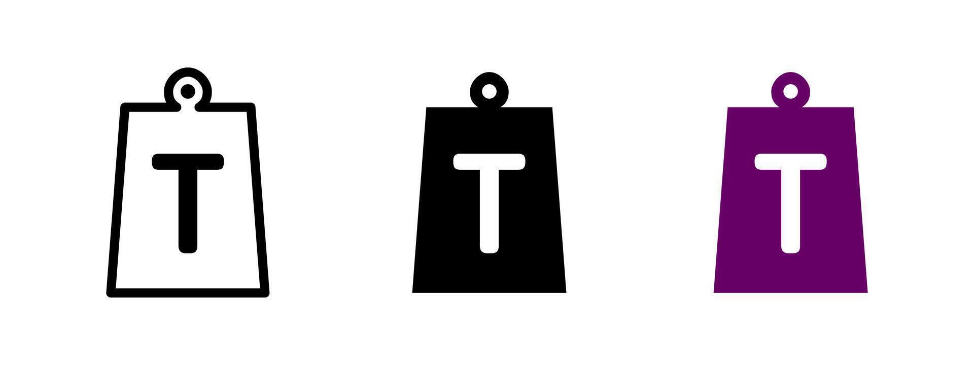 Weight icon. Hanging mass with letter T representing tons . Industrial load symbol for cargo handling and heavy lifting systems pictogram. Measurement equipment sign. vector