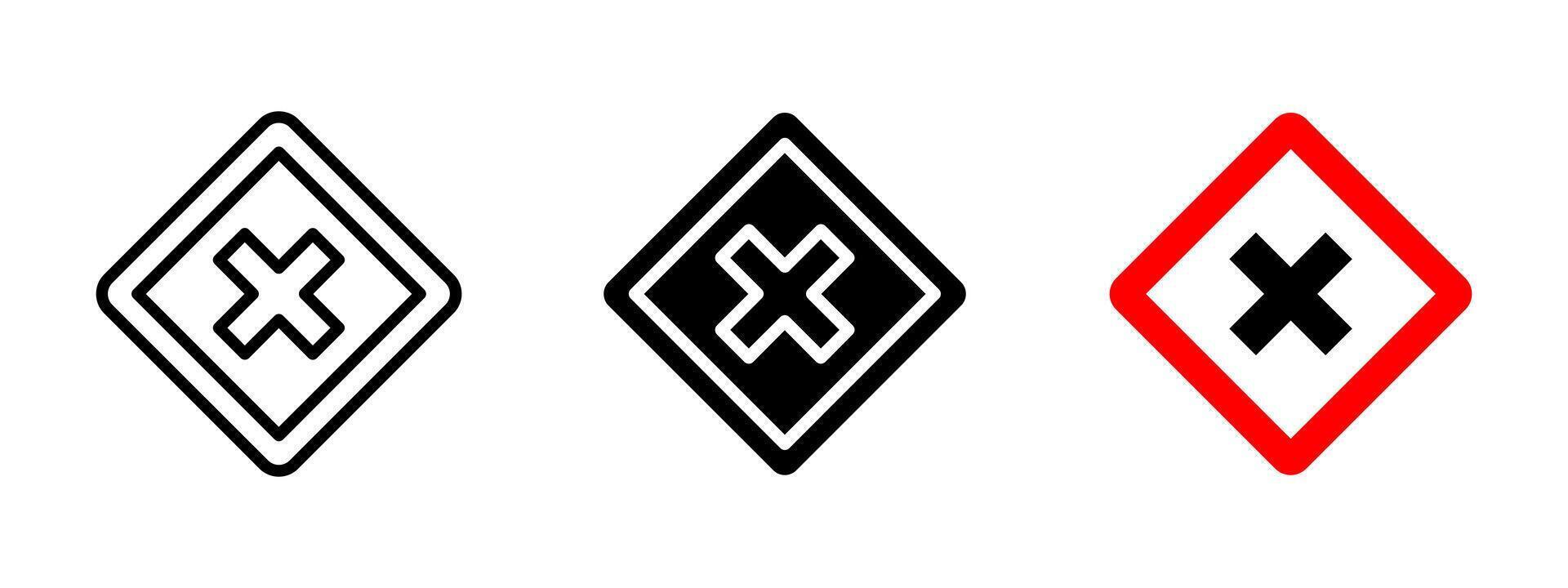 Cross sign icon. Black X symbol inside a red diamond frame illustration. Used as a warning or prohibition sign in traffic and safety contexts symbol. Alert and restriction pictogram. vector