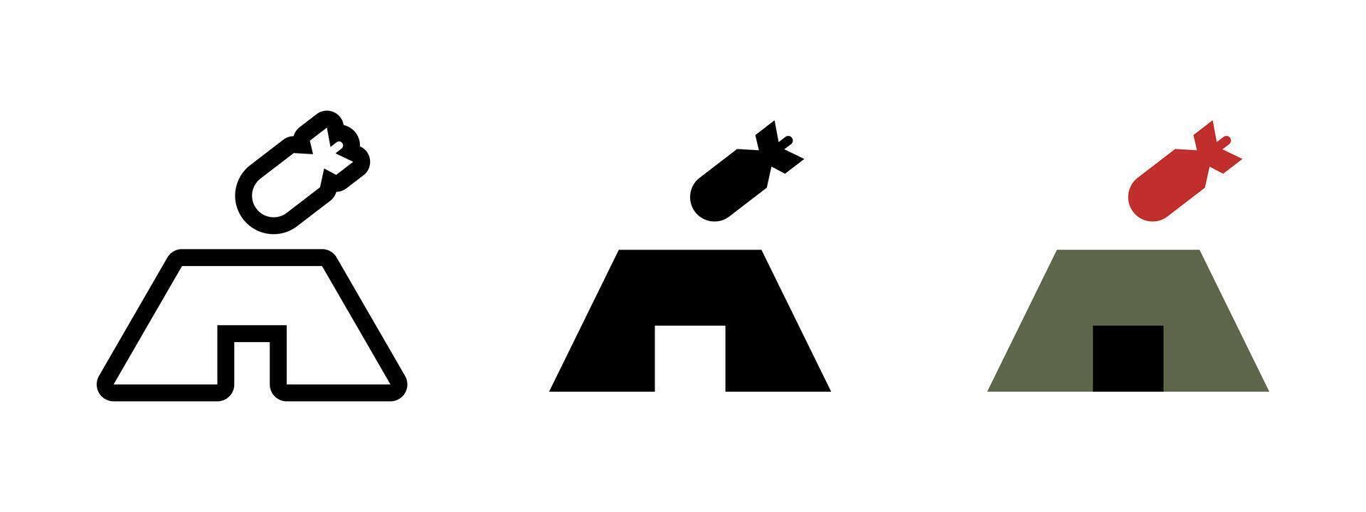 Bomb shelter icon. Protective bunker structure with falling bomb symbol illustration. Emergency defense space during airstrikes or explosions pictogram. Military safety zone concept. vector