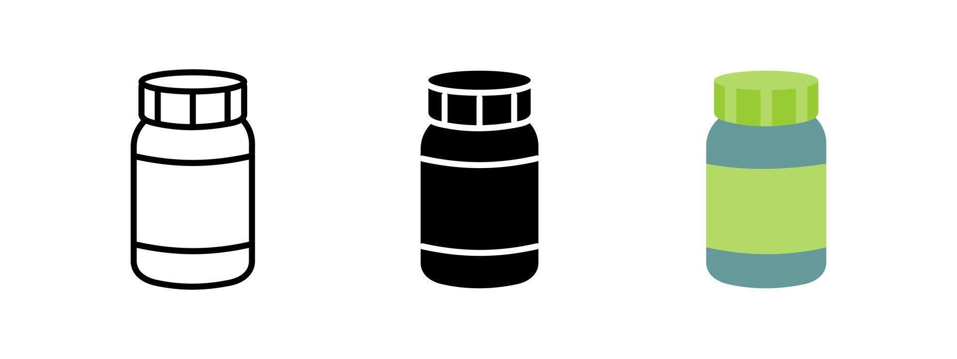 Supplement icon. Plastic pill bottle with twist cap and label illustration. Common pharmaceutical container for vitamins, tablets or medicine. Healthcare and nutrition packaging object. vector