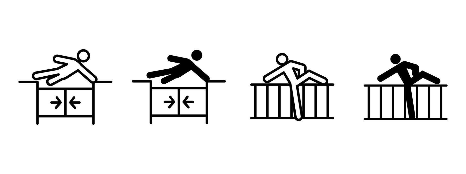 Trespasser icon. Person climbing over fence or barrier illustration. Illegal crossing and restricted access warning symbol. Security breach or prohibited entry sign. Safety violation pictogram. vector