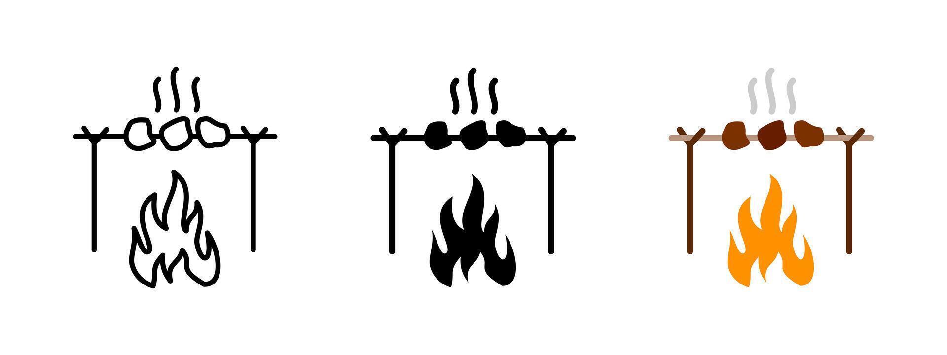 Campfire grill icon. Roasting meat on stick above open flame illustration. Outdoor cooking symbol for camping and picnic scenes. Survival food preparation sign. vector