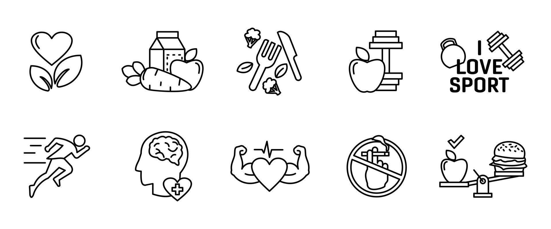 Healthy lifestyle icon set. Fitness and nutrition outline symbols. Wellness and active lifestyle illustration. Energy, vitality and strength concept line sign. vector