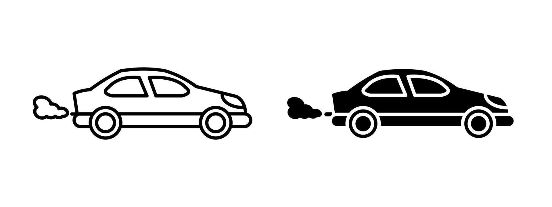 Car exhaust icon. Sedan car emitting smoke from the exhaust pipe illustration. Symbol of vehicle emissions and air pollution sign. Environmental impact of fossil fuel cars pictogram. vector