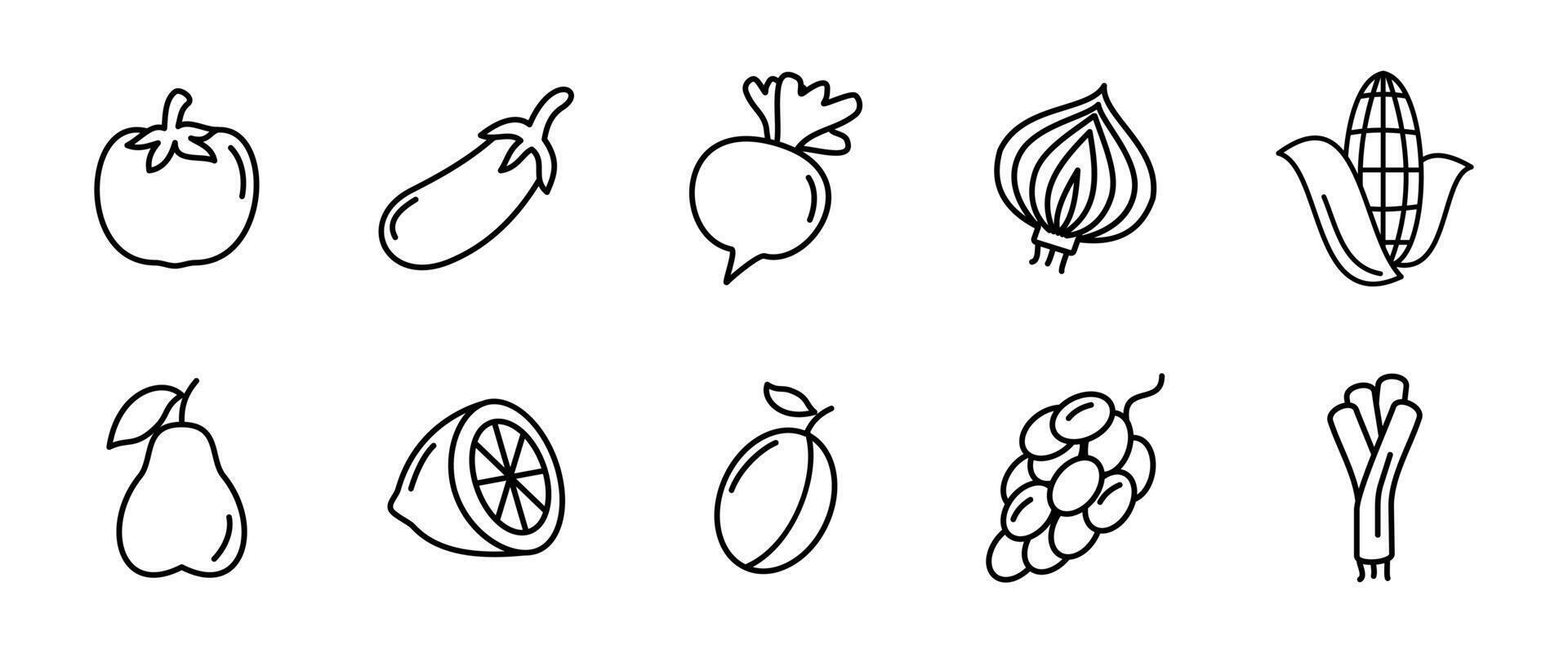 Vegetables icon set. Outline collection of fresh organic vegetables like tomato, onion, salad and corn illustration. Healthy food and nutrition symbol. Farm harvest and vegan diet outline sign. vector